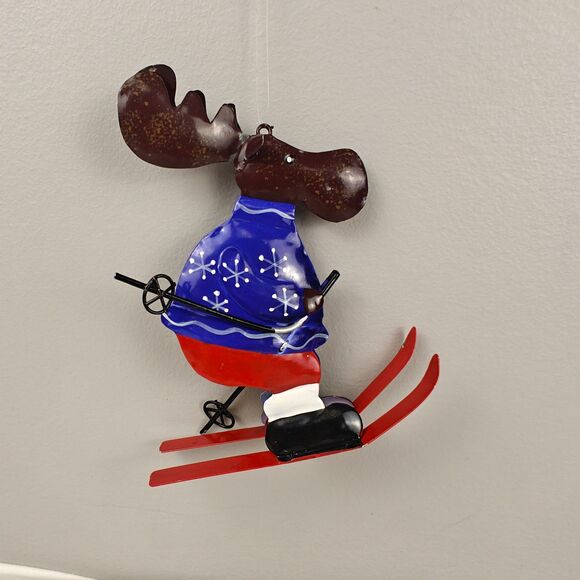 Skiing Moose Metal Christmas Tree Ornament Snowflake Sweater Holiday Winter 5” - Picture 5 of 8